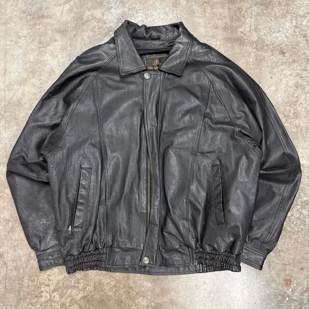 Vintage 90s Oscar Piel Black Leather Jacket Faux Fur Lined Aviator Bomber Mens L